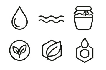 Minimalistic nature icons: water, waves, jar, plants, and leaves