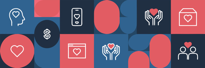 Abstract Featuring Hearts, Hands, Dollar Sign, Technology, and People on Geometric Shapes