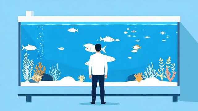Person observing fish in a large aquarium illustration