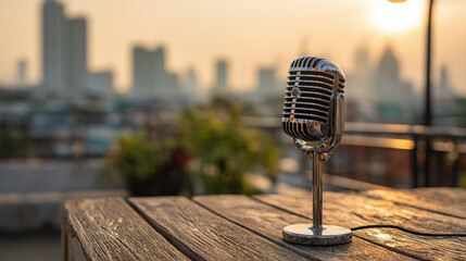 Vintage microphone on a wooden table against a sunset cityscape. Captures a retro vibe and outdoor ambiance. Perfect for music, podcasting, or nostalgia themes.