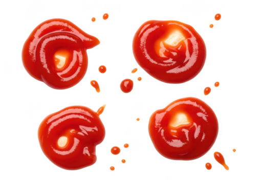 Four blobs of red ketchup sauce with droplets isolated on a transparent background