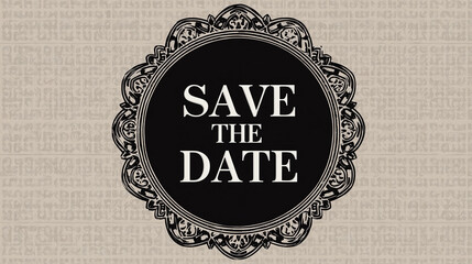 Elegant "Save the Date" announcement card with decorative black frame and vintage styled background. A formal occasion, like a wedding or special event is coming up.