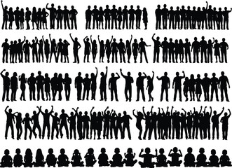 Diverse crowd silhouettes celebrating and waving hands in a dynamic array of groups and poses
