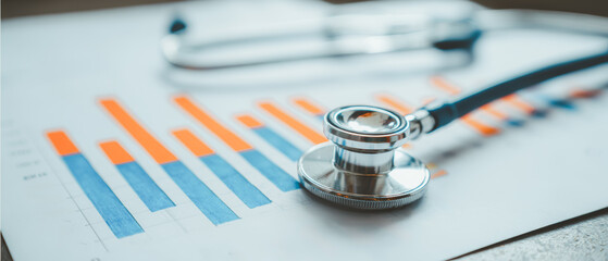 Close-up of stethoscope on healthcare analytics report with colorful bar charts, symbolizing medical statistics, hospital data analysis, and healthcare performance review.
