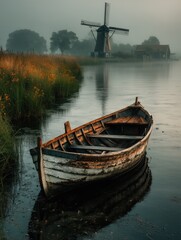 Vintage wooden boat on a quiet canal surrounded by reeds and distant windmill in fog

