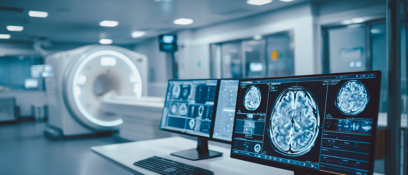 MRI scanner and brain scan results displayed on dual monitors in modern diagnostic imaging room, representing medical technology, neurology, and radiology analysis.