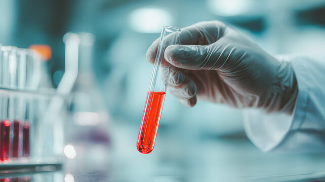 Doctor's gloved hand holding a test tube with blood sample in modern medical laboratory, illustrating precision diagnostics, clinical testing, and biomedical research.