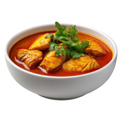 Fototapeta premium Delicious fish curry in a white bowl garnished with fresh cilantro isolated on transparent background