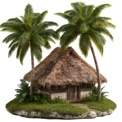 Tropical hut with palm trees isolated on transparent background