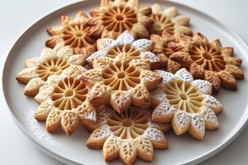 Fototapeta premium Plate of flower-shaped rosette cookies dusted with powdered sugar on a white background