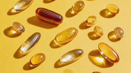 Gel capsules scattered on a yellow backdrop, featuring a mix of transparent and amber-colored supplements, casting shadows, and suggesting health and wellness.