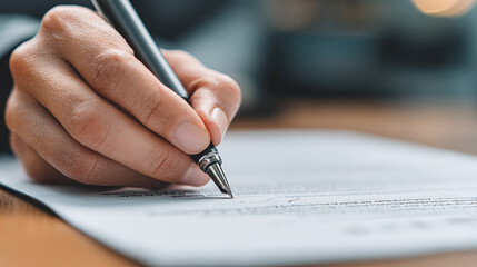 Hand writing on paper with pen. The image shows a close-up of someone signing a document or taking notes, emphasizing precision and attention to detail.