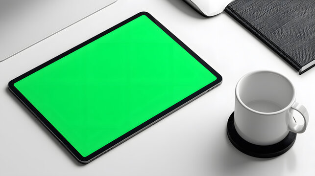 Tablet with Green Screen Display on a Clean White Minimalist Desk
