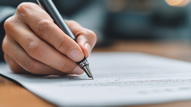Hand writing on paper with pen. The image shows a close-up of someone signing a document or taking notes, emphasizing precision and attention to detail.