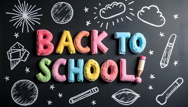 Bunte Back-to-School-Tafel mit Kreidezeichnung 
