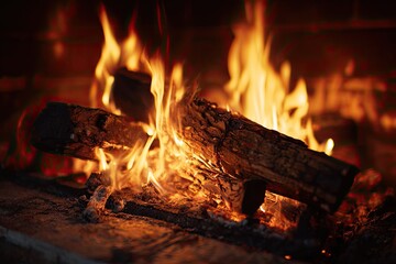 Burning logs in a fireplace.  Warm, orange flames dance around dark, charred wood.  Brick or stone hearth