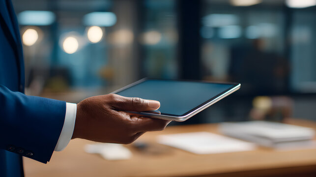 Professional's Hand Holding a Sleek Black Digital Tablet in a Modern Office