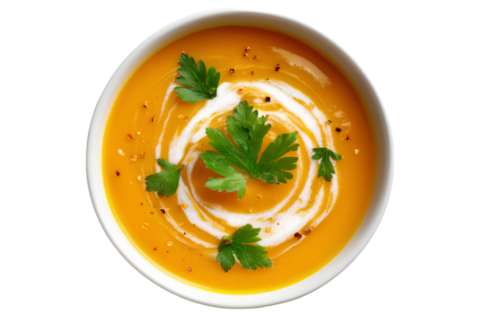  Bowl of Creamy Pumpkin Soup with Swirl of Cream and Herbs, Top-Down View, Isolated on Transparent Background