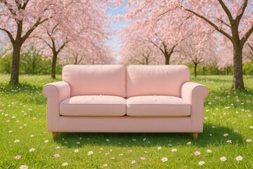Fototapeta premium Pink sofa in flower field with blooming cherry trees in spring.
