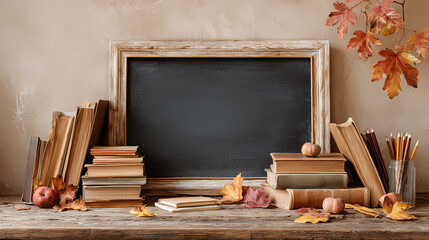Vintage blackboard, books and pencils around.Back to School. Autumn leaves, warm colours, and cozy vibe capture the perfection of teaching, mathematics, and well-planned organization.