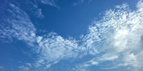 Blue Sky with White Fluffy Clouds. Natural Background for Weather, Nature, and Travel Concepts....