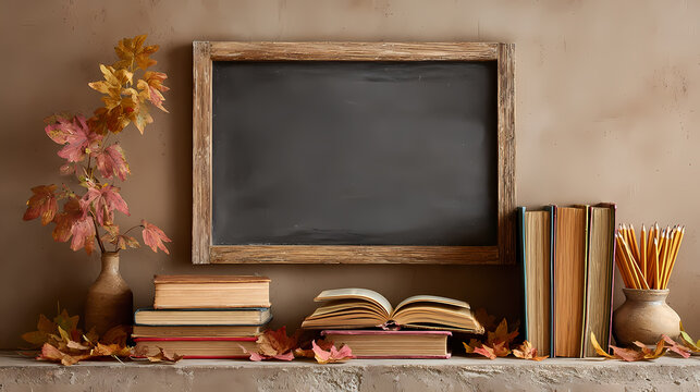 Vintage blackboard, books and pencils around.Back to School. Autumn leaves, warm colours, and cozy vibe capture the perfection of teaching, mathematics, and well-planned organization.