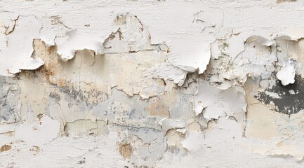 Obraz premium Peeling paint on a weathered wall. Layers of white, beige, and gray paint are flaking off, revealing older colors underneath. A horizontal texture