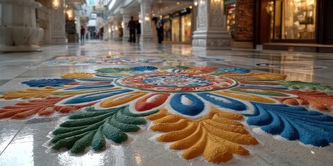 Colorful rangoli design inspired by the tricolor on a smooth marble floor