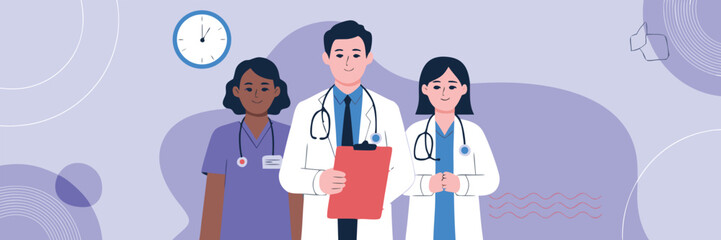 Fototapeta premium Illustration of Diverse Medical Team with Doctor Holding Clipboard and Clock Background on Purple