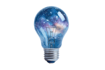 A lightbulb, seemingly glowing with the cosmos inside.  The glass is filled with a swirling mix of deep blue and purple nebulae and stars.  The bulb's metal base is visible