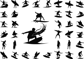 Naklejka premium Collection of dynamic silhouette illustrations showcasing surfers in various action poses on waves and surfboards