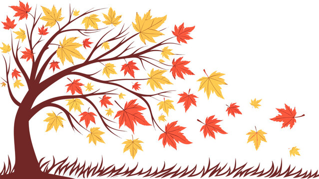 Illustration of a tree with red and yellow leaves blowing in the wind with grass at the bottom edge