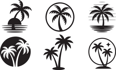 Palm tree silhouettes vector icons set depicting tropical paradise vacation and summer beach scene designs for travel and tourism industry