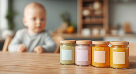 On a clean countertop, jars of baby food in flavors like sweet potato, peas, and pear are artfully arranged. A cozy atmosphere surrounds a blurred baby seated in a high chair, ready for mealtime.