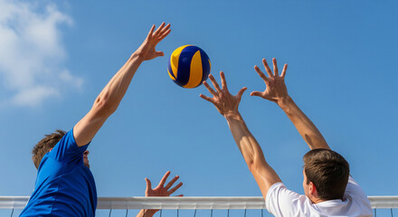 Two volleyball players jumping at the net to block a ball against a bright blue sky with scattered clouds. Action, sport, and summer competition