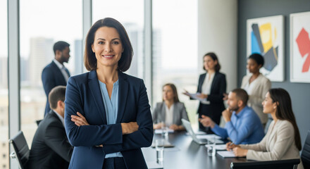 Portrait of a successful businesswoman leading her diverse team in a modern city office. Colleagues are in a meeting with a presentation chart in the background