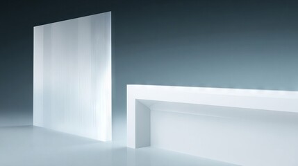 Minimalist 3D illustration featuring translucent panels and a sleek white surface, creating a modern and elegant atmosphere for design and creative projects