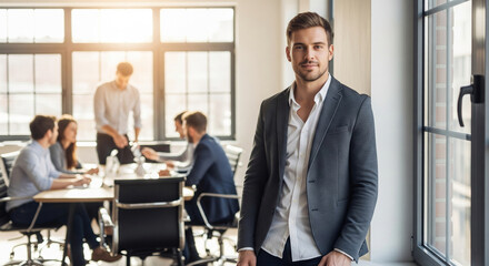 Handsome businessman in a modern office with blurred colleagues meeting in the background. Leadership, teamwork, and corporate success concept