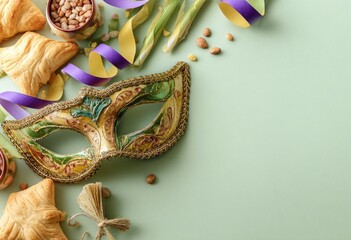 Festive, colorful arrangement with carnival mask and treats