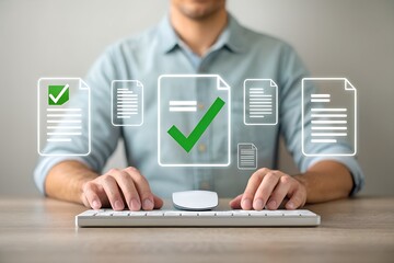 Man approves digital documents with checkmarks on computer screen