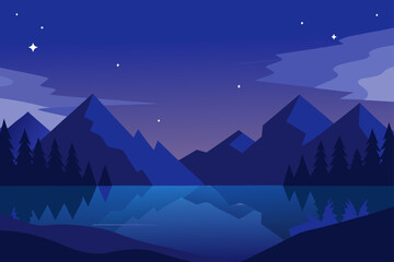 Serene mountain lake reflection under a starry night sky