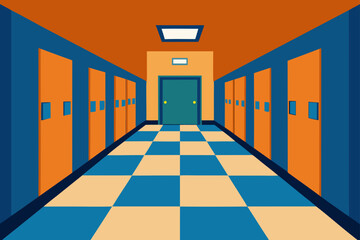 Empty school hallway with lockers and checkerboard floor