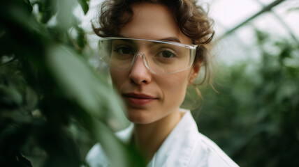 Woman scientist greenhouse safety glasses curly hair white coat plant research agriculture nature