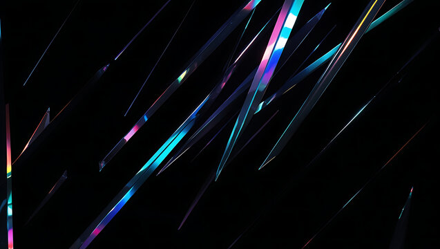 Black dark blue violet cyan teal neon abstract background. Iridescent glass light streaks 3d render in motion. Color gradient ombre blend. Glossy sharp shapes. Bright flash glow shimmer metallic blur