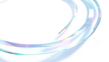Crystal clear white background with light blue holographic glass arc. Iridescent prism shape. Clean minimal design. Smooth curve transition. Glossy light reflection. Shiny futuristic abstract.
