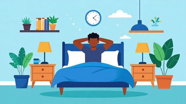 Person waking up in bed resting hands relaxed bedroom scene