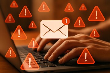 Hands typing on laptop with many email notification alerts and warning symbols