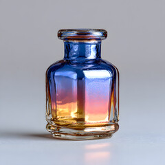Iridescent glass bottle with blue to gold color gradient on white surface