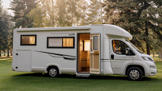 White camper van parked on green grass in a serene forest setting, showcasing outdoor adventure and travel lifestyle with open door inviting exploration