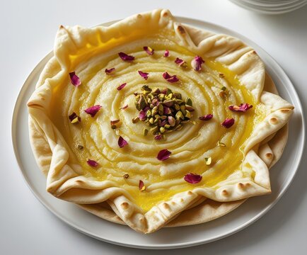 Sheermal Indian sweet bread dessert with yellow glaze rose petals and pistachio nuts on a white